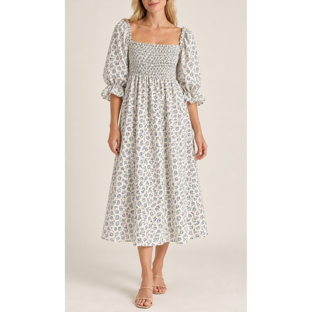Entro Womens Floral Smocked Puff Sleeve Midi Dress Size L Cottagecore Milkmaid